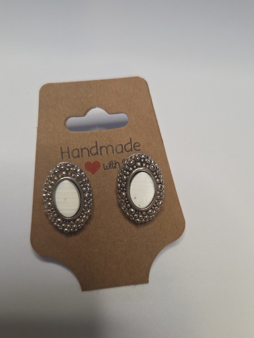 Oval White Stone Silver Beaded Stud Earrings